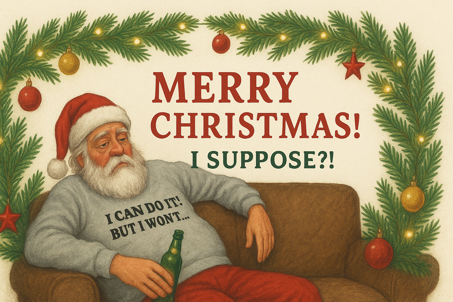 Vintage-style Christmas card with Santa holding a beer, surrounded by festive decorations.