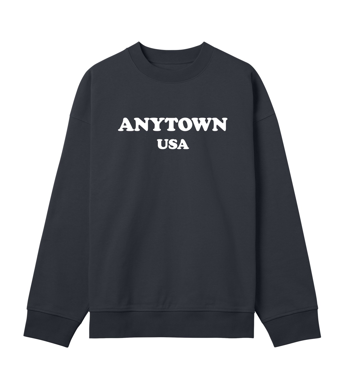 Anytown USA (mens boxy sweatshirt, white print)