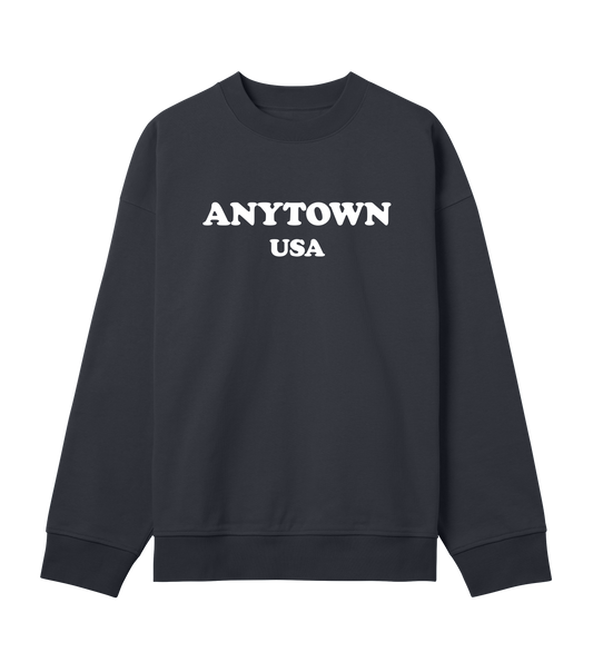 Anytown USA (mens boxy sweatshirt, white print)